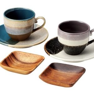 Aito 美濃燒杯碟 6件套裝，包括兩隻美濃燒杯及碟和兩隻小方木碟，展現獨特的釉面圖案和美式風格。 圖2