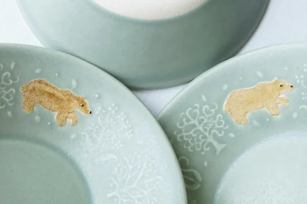 日本製 Yoshizawa 森林與熊綠色淺碗 3