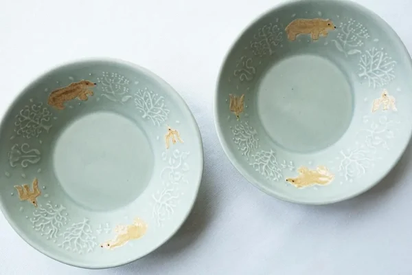 日本製 Yoshizawa 森林與熊綠色淺碗 4